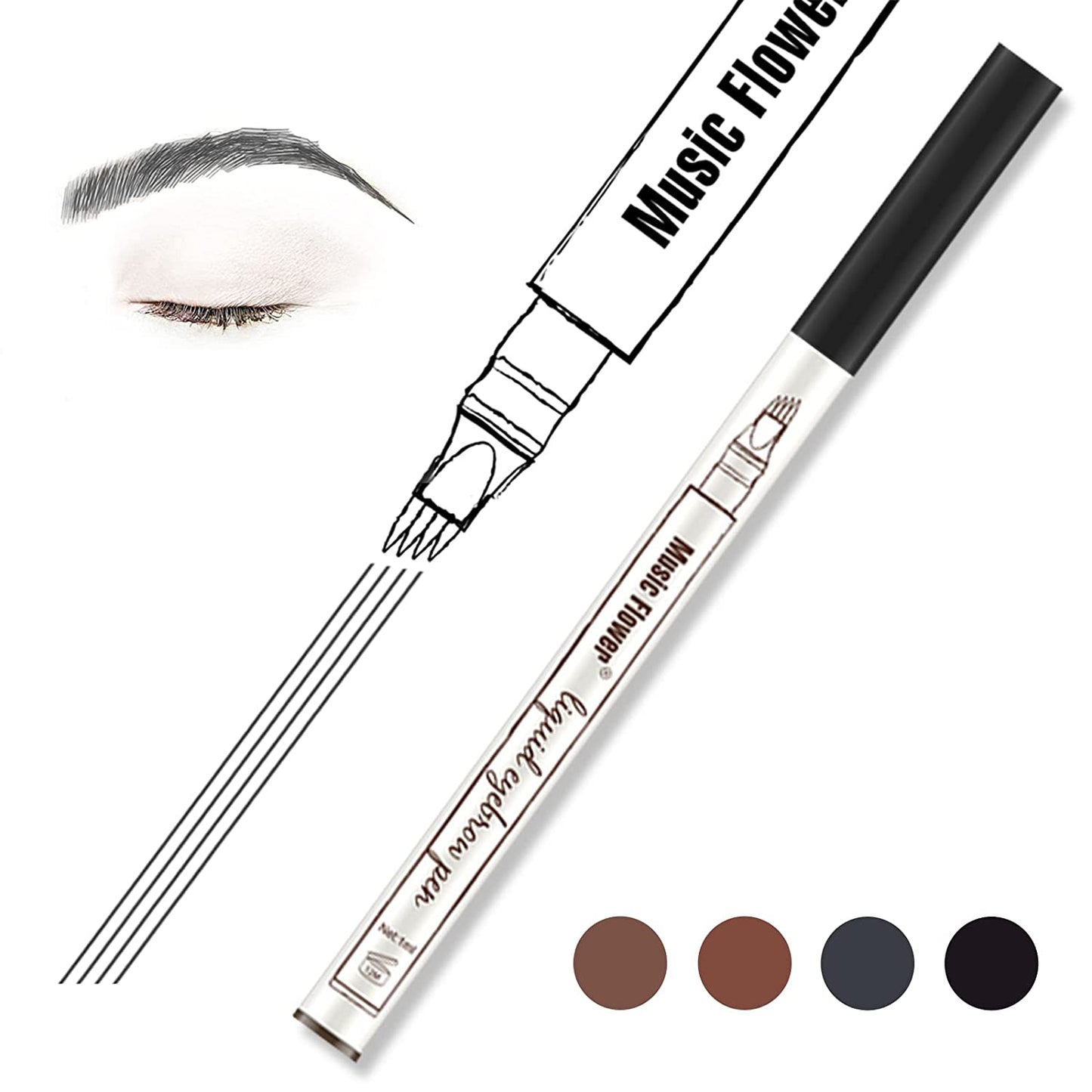 Music Flower Eyebrow Pencil, Liquid Eyebrow Pen, Waterproof Brow Pen with Micro-Fork Tip, Smudgeproof Long Lasting Fine Sketch Microblading Pen