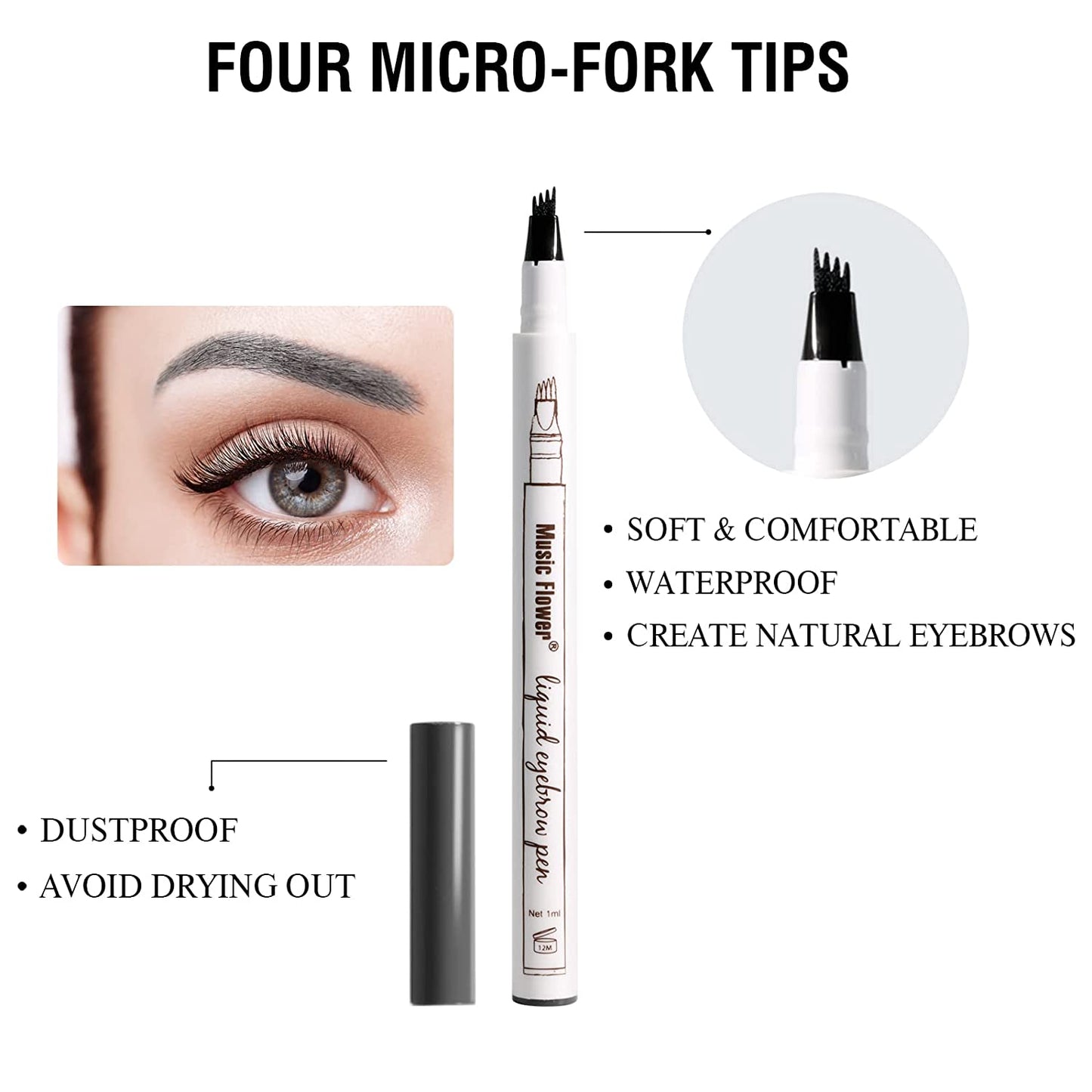 Music Flower Eyebrow Pencil, Liquid Eyebrow Pen, Waterproof Brow Pen with Micro-Fork Tip, Smudgeproof Long Lasting Fine Sketch Microblading Pen