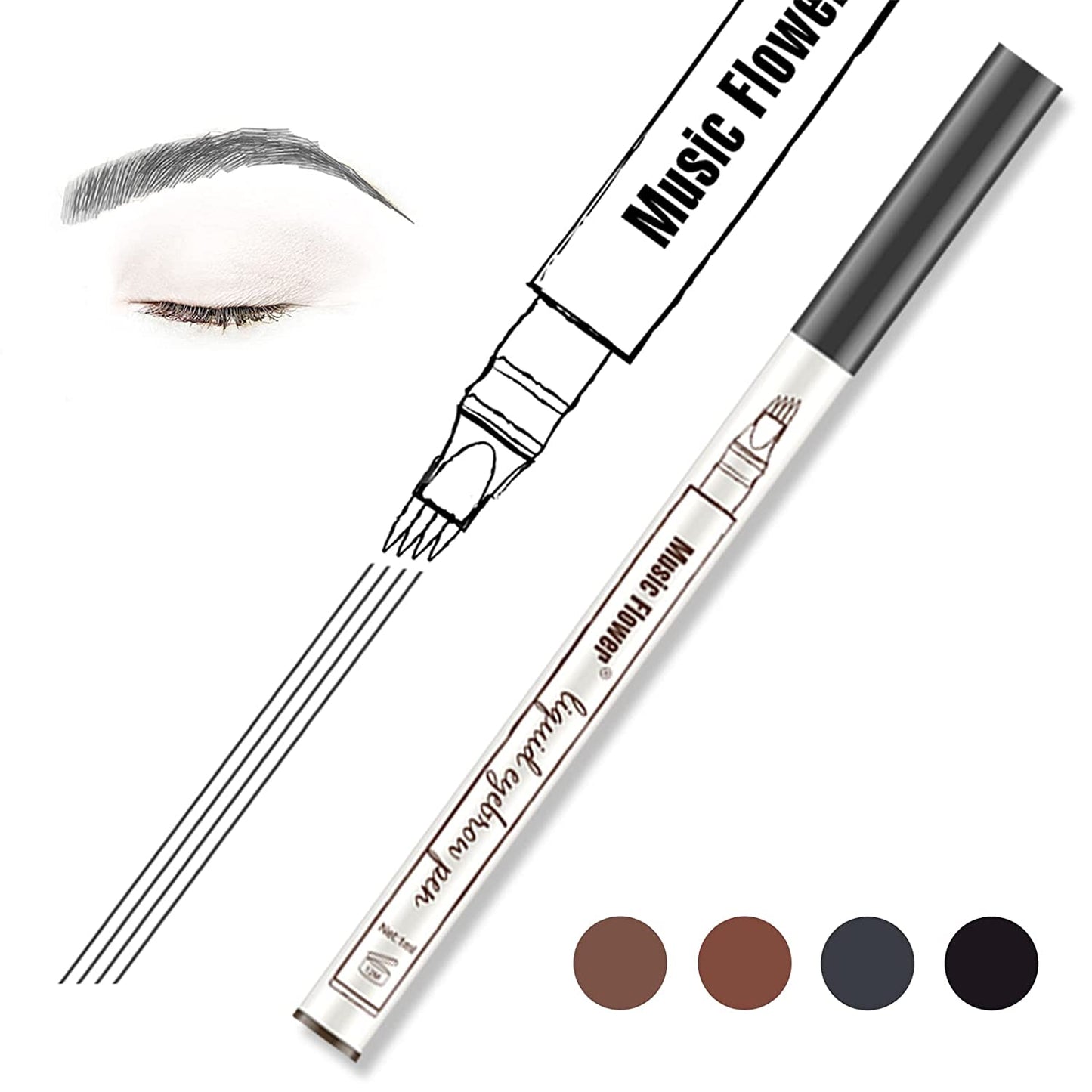Music Flower Eyebrow Pencil, Liquid Eyebrow Pen, Waterproof Brow Pen with Micro-Fork Tip, Smudgeproof Long Lasting Fine Sketch Microblading Pen