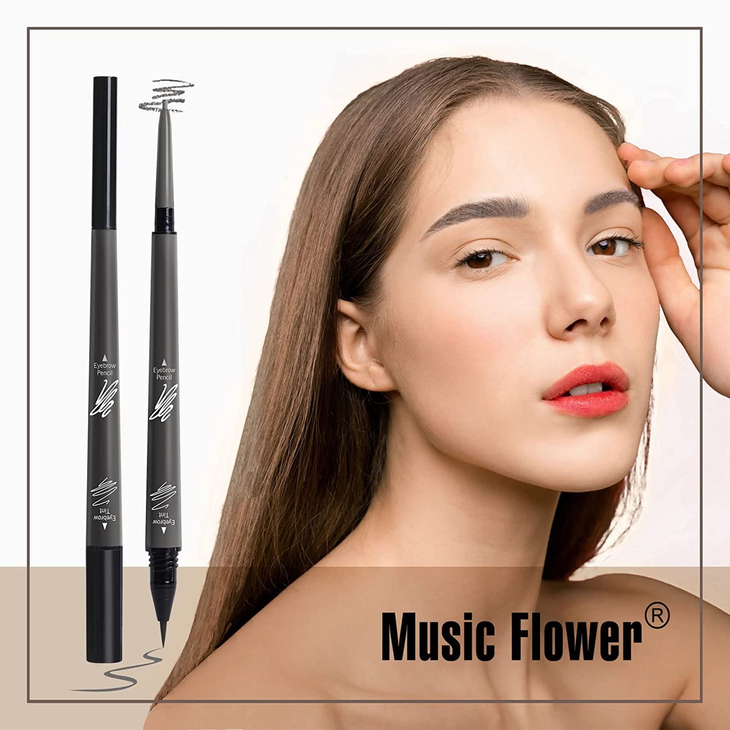Music Flower 2 in 1 Eyebrow Pencil - Waterproof & Long Lasting Liquid Eyebrow Pen - Dual Ended Pencil Fills and Defines Brow Tint with the Precision & Definition of Microblading