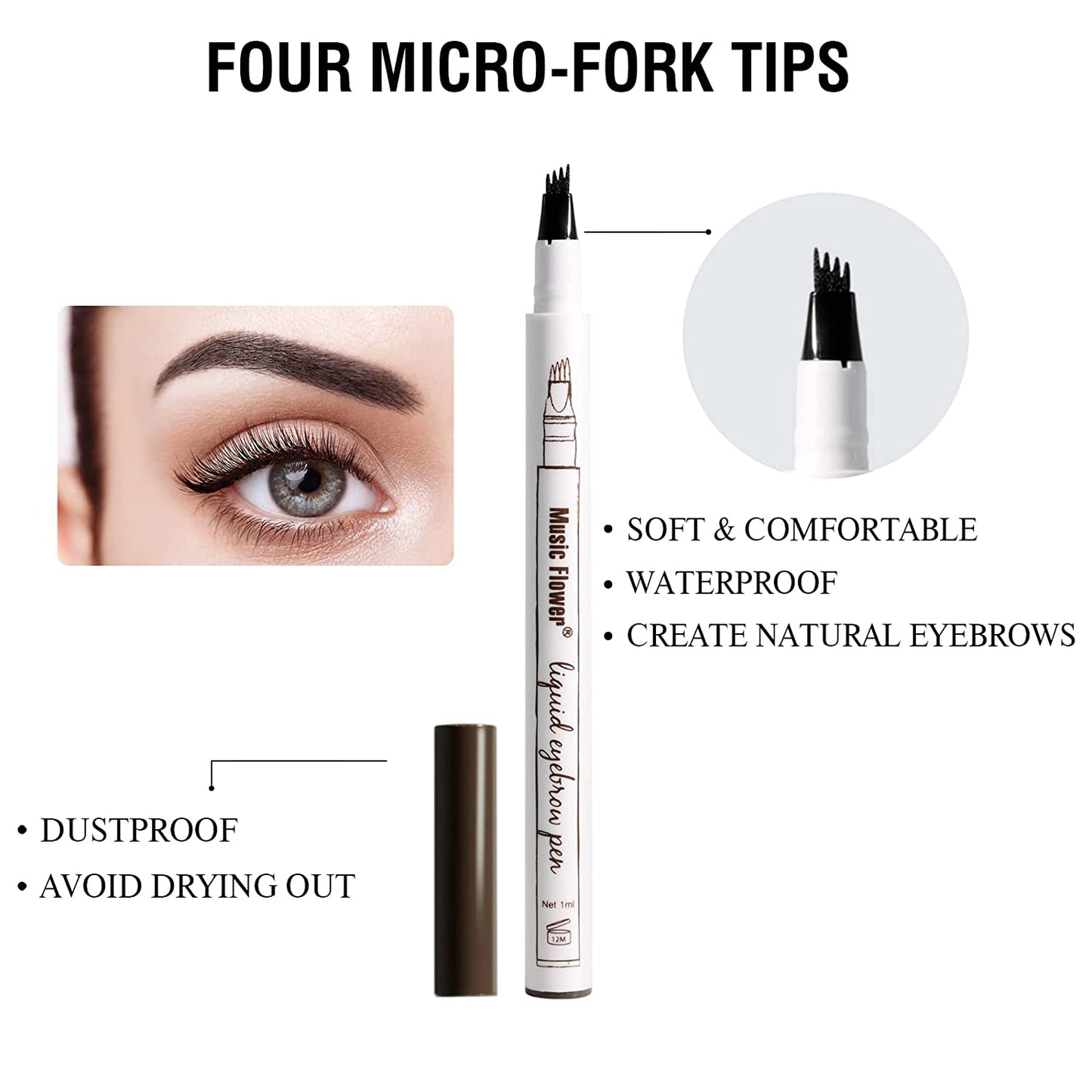 Music Flower Eyebrow Pencil, Liquid Eyebrow Pen, Waterproof Brow Pen with Micro-Fork Tip, Smudgeproof Long Lasting Fine Sketch Microblading Pen