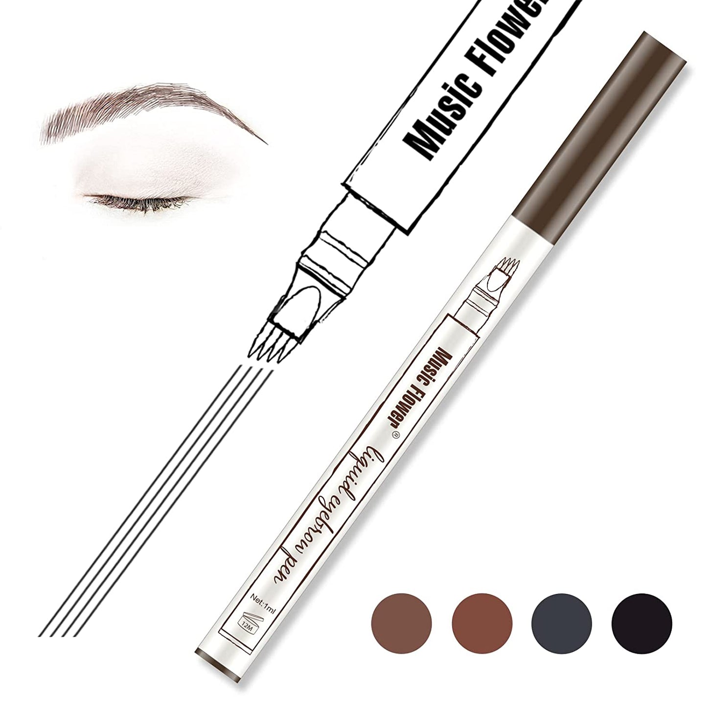 Music Flower Eyebrow Pencil, Liquid Eyebrow Pen, Waterproof Brow Pen with Micro-Fork Tip, Smudgeproof Long Lasting Fine Sketch Microblading Pen