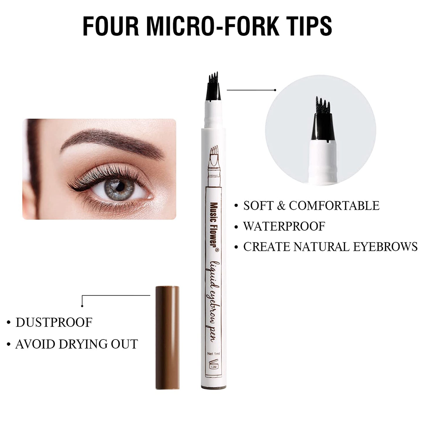 Music Flower Eyebrow Pencil, Liquid Eyebrow Pen, Waterproof Brow Pen with Micro-Fork Tip, Smudgeproof Long Lasting Fine Sketch Microblading Pen