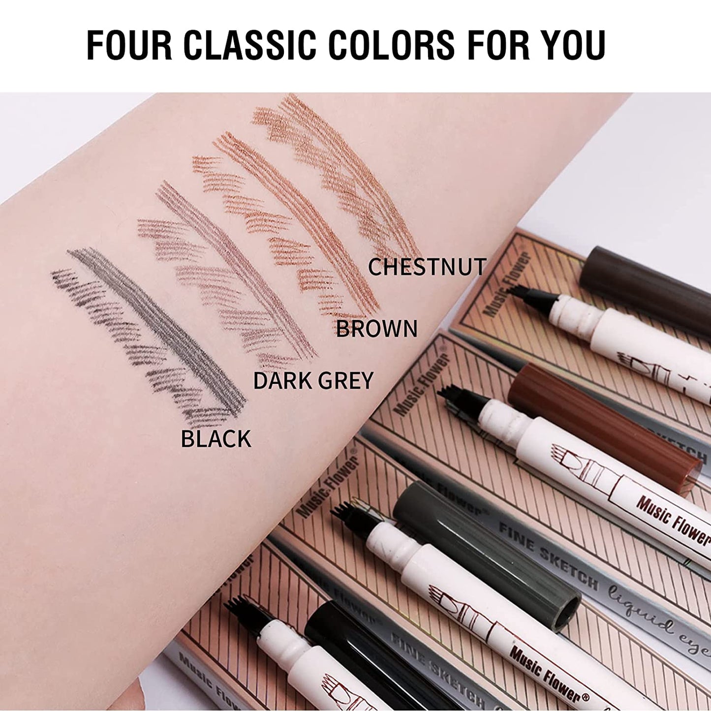 Music Flower Eyebrow Pencil, Liquid Eyebrow Pen, Waterproof Brow Pen with Micro-Fork Tip, Smudgeproof Long Lasting Fine Sketch Microblading Pen